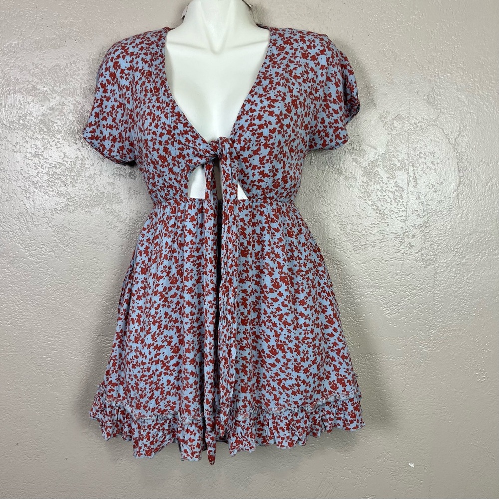 Camellia Women‎ Small Blue Orange Floral pattern tie chest mini Dress 100% rayón